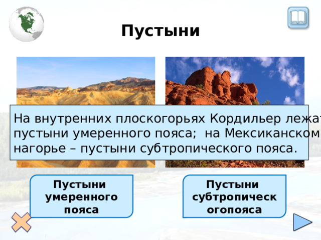 Пустыни На внутренних плоскогорьях Кордильер лежат пустыни умеренного пояса; на Мексиканском нагорье – пустыни субтропического пояса. Пустыни умеренного пояса Пустыни субтропическогопояса 
