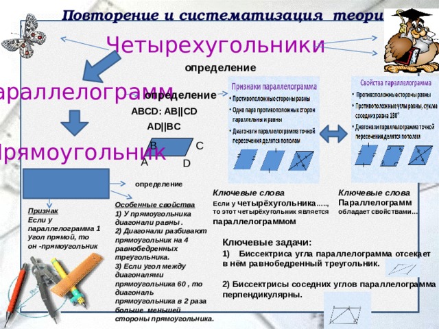 Повторение и систематизация теории Четырехугольники  АВСD: AB||CD  AD||BC определение Параллелограмм определение Прямоугольник B C А D определение Ключевые слова Параллелограмм обладает свойствами… Ключевые слова Если у четырёхугольника ….., то этот четырёхугольник является параллелограммом Особенные свойства 1) У прямоугольника диагонали равны . 2) Диагонали разбивают прямоугольник на 4 равнобедренных треугольника. 3) Если угол между диагоналями прямоугольника 60 , то диагональ прямоугольника в 2 раза больше меньшей стороны прямоугольника. Признак Если у параллелограмма 1 угол прямой, то он -прямоугольник Ключевые задачи: Биссектриса угла параллелограмма отсекает в нём равнобедренный треугольник.  2) Биссектрисы соседних углов параллелограмма перпендикулярны. 