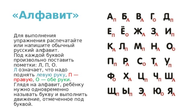 «Алфавит»   Для выполнения упражнения распечатайте или напишите обычный русский алфавит.  Под каждой буквой произвольно поставить пометки: Л, П, О.  Л означает, что надо поднять левую руку , П — правую , О — обе руки .  Глядя на алфавит, ребёнку нужно одновременно называть букву и выполнить движение, отмеченное под буквой. 