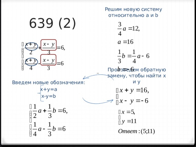 639 (2) Решим новую систему относительно a и b Введем новые обозначения: x+у=a x-y=b Произведем обратную замену, чтобы найти х и у 