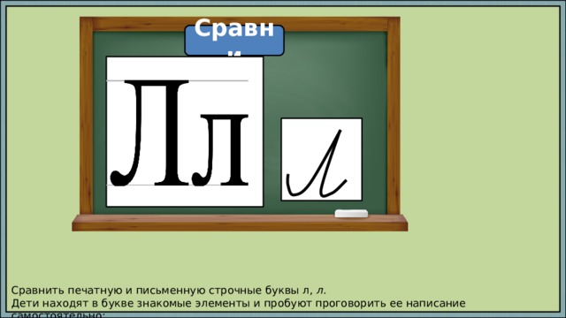 Сравни Сравнить печатную и письменную строчные буквы л, л . Дети находят в букве знакомые элементы и пробуют проговорить ее написание самостоятельно: 