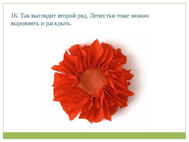 16. Так выглядит второй ряд. Лепестки тоже можно выровнять и раскрыть.   