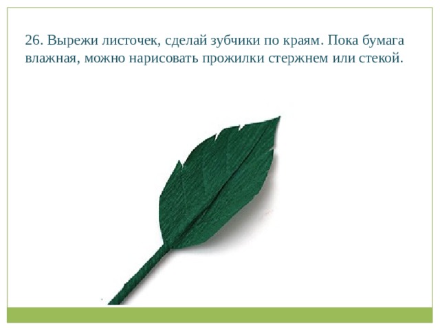 26. Вырежи листочек, сделай зубчики по краям. Пока бумага влажная, можно нарисовать прожилки стержнем или стекой.   