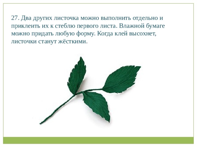 27. Два других листочка можно выполнить отдельно и приклеить их к стеблю первого листа. Влажной бумаге можно придать любую форму. Когда клей высохнет, листочки станут жёсткими.   