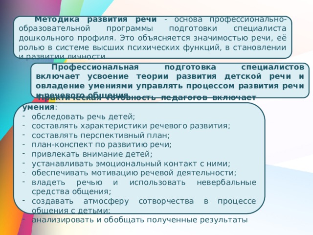 Методика развития речи - основа профессионально-образовательной программы подготовки специалиста дошкольного профиля. Это объясняется значимостью речи, её ролью в системе высших психических функций, в становлении и развитии личности Профессиональная подготовка специалистов включает усвоение теории развития детской речи и овладение умениями управлять процессом развития речи и речевого общения Практическая готовность педагогов включает  умения : обследовать речь детей; составлять характеристики речевого развития; составлять перспективный план; план-конспект по развитию речи; привлекать внимание детей; устанавливать эмоциональный контакт с ними; обеспечивать мотивацию речевой деятельности; владеть речью и использовать невербальные средства общения; создавать атмосферу сотворчества в процессе общения с детьми; анализировать и обобщать полученные результаты 