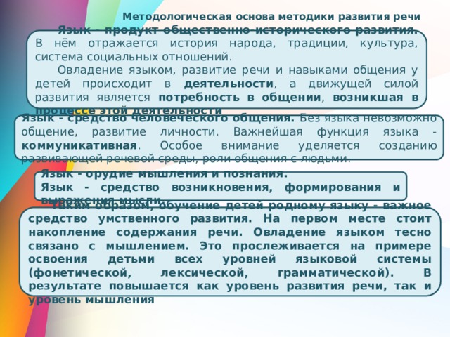  Методологическая основа методики развития речи Язык - продукт общественно-исторического развития. В нём отражается история народа, традиции, культура, система социальных отношений. Овладение языком, развитие речи и навыками общения у детей происходит в деятельности , а движущей силой развития является потребность в общении , возникшая в процессе этой деятельности Язык - средство человеческого общения. Без языка невозможно общение, развитие личности. Важнейшая функция языка - коммуникативная . Особое внимание уделяется созданию развивающей речевой среды, роли общения с людьми. Язык - орудие мышления и познания. Язык - средство возникновения, формирования и выражения мысли. Таким образом, обучение детей родному языку - важное средство умственного развития. На первом месте стоит накопление содержания речи. Овладение языком тесно связано с мышлением. Это прослеживается на примере освоения детьми всех уровней языковой системы (фонетической, лексической, грамматической). В результате повышается как уровень развития речи, так и уровень мышления 