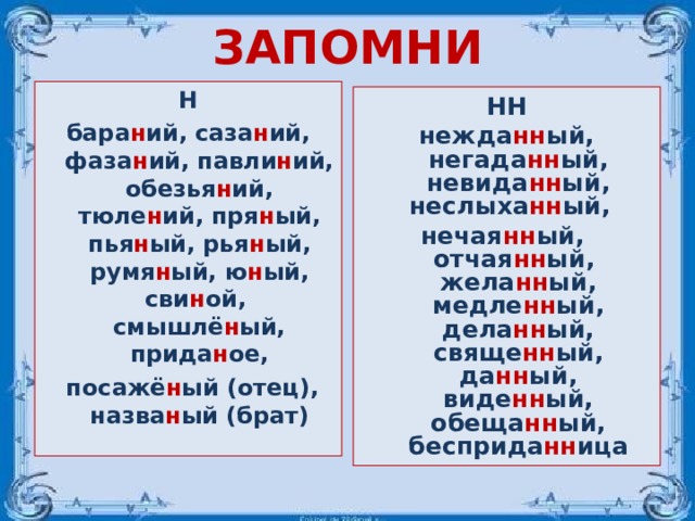 ЗАПОМНИ   Н бара н ий, саза н ий, фаза н ий, павли н ий, обезья н ий, тюле н ий, пря н ый, пья н ый, рья н ый, румя н ый, ю н ый, сви н ой, смышлё н ый, прида н ое,  посажё н ый (отец), назва н ый (брат)  НН нежда нн ый, негада нн ый, невида нн ый, неслыха нн ый,  нечая нн ый,  отчая нн ый,  жела нн ый, медле нн ый, дела нн ый, свяще нн ый, да нн ый, виде нн ый, обеща нн ый, бесприда нн ица  