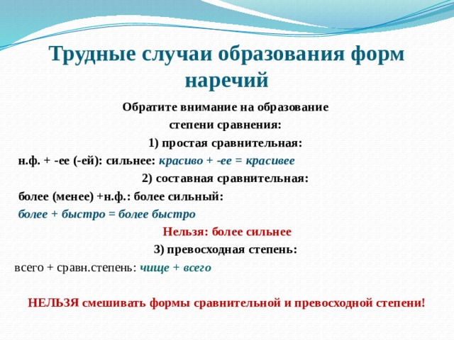 Трудные случаи образования форм наречий Обратите внимание на образование степени сравнения: 1) простая сравнительная:  н.ф. + -ее (-ей): сильнее: красиво + -ее = красивее 2) составная сравнительная:  более (менее) +н.ф.: более сильный:  более + быстро = более быстро Нельзя: более сильнее 3) превосходная степень:  всего + сравн.степень: чище + всего  НЕЛЬЗЯ смешивать формы сравнительной и превосходной степени!  