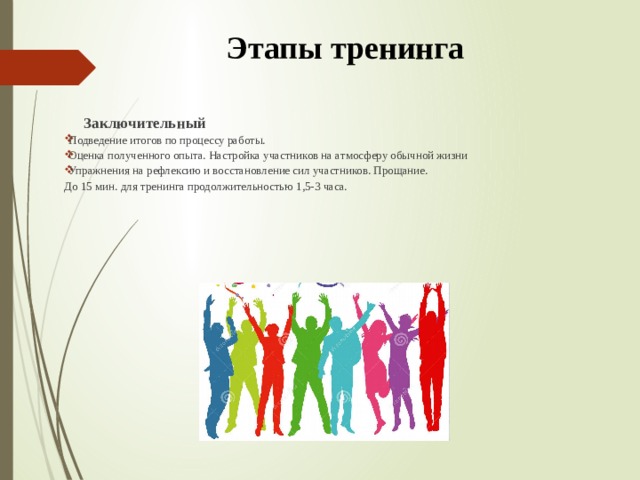 Этапы тренинга  Заключительный Подведение итогов по процессу работы. Оценка полученного опыта. Настройка участников на атмосферу обычной жизни Упражнения на рефлексию и восстановление сил участников. Прощание. До 15 мин. для тренинга продолжительностью 1,5-3 часа. 