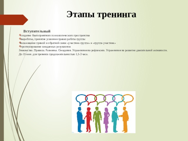 Этапы тренинга  Вступительный  создание благоприятного психологического пространства  выработка, принятие усвоения правил работы группы налаживание прямой и обратной связи «участник-группа» и «группа-участник»  прогнозирование ожидаемых результатов Знакомство. Правила. Разминка. Ожидания. Упражнения на рефлексию. Упражнения на развитие двигательной активности. До 15 мин. для тренинга продолжительностью 1,5-3 часа.   