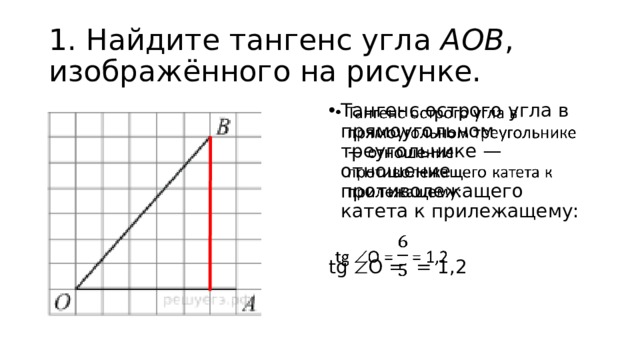 1. Найдите тангенс угла  AOB , изображённого на рисунке. Тангенс острого угла в прямоугольном треугольнике — отношение противолежащего катета к прилежащему:   tg  O = = 1,2 