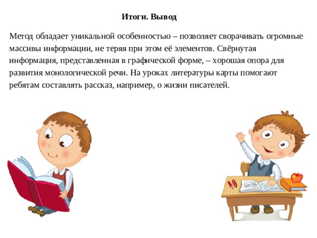 Итоги. Вывод Метод обладает уникальной особенностью – позволяет сворачивать огромные массивы информации, не теряя при этом её элементов. Свёрнутая информация, представленная в графической форме, – хорошая опора для развития монологической речи. На уроках литературы карты помогают ребятам составлять рассказ, например, о жизни писателей.            