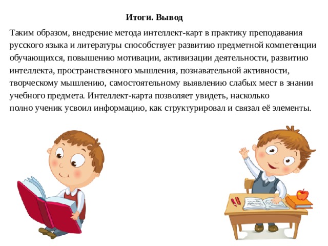 Итоги. Вывод Таким образом, внедрение метода интеллект-карт в практику преподавания русского языка и литературы способствует развитию предметной компетенции обучающихся, повышению мотивации, активизации деятельности, развитию интеллекта, пространственного мышления, познавательной активности, творческому мышлению, самостоятельному выявлению слабых мест в знании учебного предмета. Интеллект-карта позволяет увидеть, насколько полно ученик усвоил информацию, как структурировал и связал её элементы. 