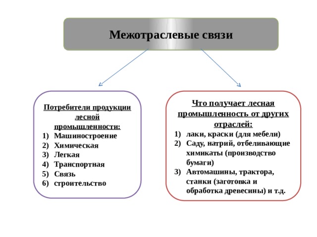 Межотраслевые связи Потребители продукции лесной промышленности: Что получает лесная промышленность от других отраслей: Машиностроение Химическая Легкая Транспортная Связь строительство лаки, краски (для мебели) Саду, натрий, отбеливающие химикаты (производство бумаги) Автомашины, трактора, станки (заготовка и обработка древесины) и т.д. 