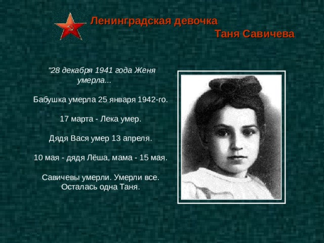 Ленинградская девочка  Таня Савичева 