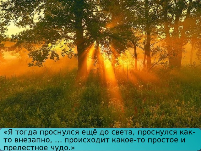 «Я тогда проснулся ещё до света, проснулся как-то внезапно, … происходит какое-то простое и прелестное чудо.» 