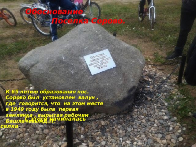 Обоснование Поселка Сорово. ` С этого начиналась история поселка . К 65 летию образования пос. Сорово был установлен валун , где говорится, что на этом месте в 1949 году была первая землянка , вырытая рабочим БашлачевымД.П.          