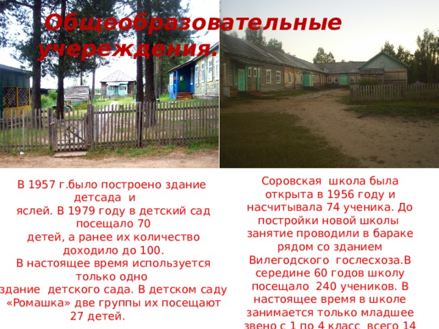  Общеобразовательные учереждения. Соровская школа была открыта в 1956 году и насчитывала 74 ученика. До постройки новой школы занятие проводили в бараке рядом со зданием Вилегодского гослесхоза.В середине 60 годов школу посещало 240 учеников. В настоящее время в школе занимается только младшее звено с 1 по 4 класс всего 14 учеников и 5педагогов. В 1957 г.было построено здание детсада и яслей. В 1979 году в детский сад посещало 70 детей, а ранее их количество доходило до 100. В настоящее время используется только одно здание детского сада. В детском саду «Ромашка» две группы их посещают 27 детей. 