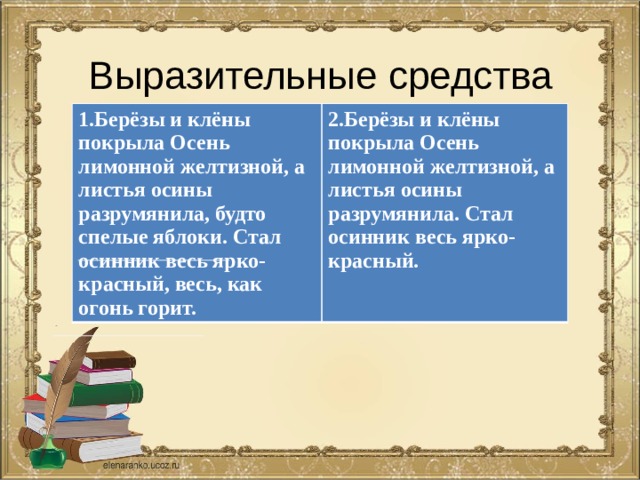 Выразительные средства 1.Берёзы и клёны покрыла Осень лимонной желтизной, а листья осины разрумянила, будто спелые яблоки. Стал осинник весь ярко-красный, весь, как огонь горит. 2.Берёзы и клёны покрыла Осень лимонной желтизной, а листья осины разрумянила. Стал осинник весь ярко-красный. 