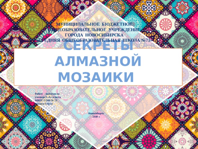МУНИЦИПАЛЬНОЕ БЮДЖЕТНОЕ ОБЩЕОБРАЗОВАТЕЛЬНОЕ УЧРЕЖДЕНИЕ ГОРОДА НОВОСИБИРСКА «СРЕДНЯЯ ОБЩЕОБРАЗОВАТЕЛЬНАЯ ШКОЛА №73»  Секреты алмазной мозаики  Работу выполнила: ученица 3 «А» класса МБОУ СОШ № 73 Мищук Софья     Новосибирск 2019 г. 