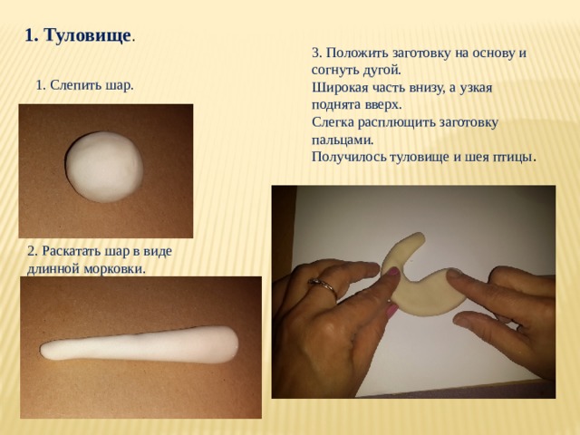 1. Туловище . 3. Положить заготовку на основу и согнуть дугой. Широкая часть внизу, а узкая поднята вверх. Слегка расплющить заготовку пальцами. Получилось туловище и шея птицы . 1. Слепить шар. 2. Раскатать шар в виде длинной морковки. 