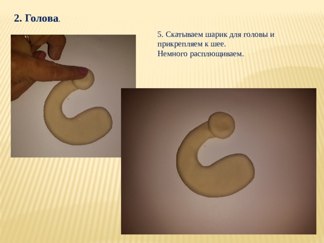 2. Голова . 5. Скатываем шарик для головы и прикрепляем к шее. Немного расплющиваем. 