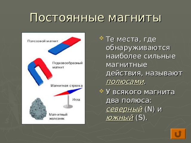 Постоянные магниты Те места, где обнаруживаются наиболее сильные магнитные действия, называют полюсами . У всякого магнита два полюса: северный ( N) и южный ( S) . 