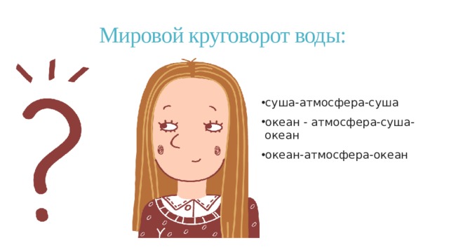 Мировой круговорот воды:   суша-атмосфера-суша океан - атмосфера-суша-океан океан-атмосфера-океан 