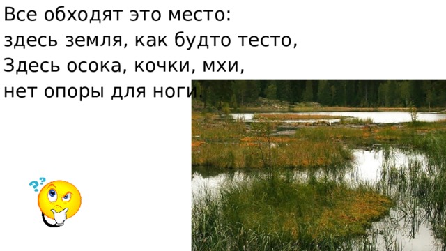 Все обходят это место: здесь земля, как будто тесто, Здесь осока, кочки, мхи, нет опоры для ноги.   