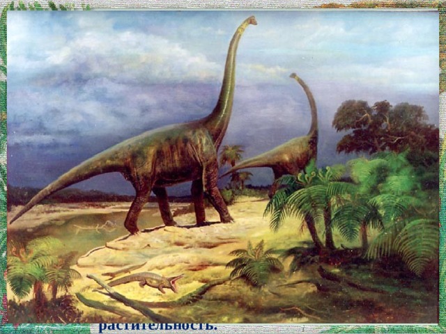 Травоядные великаны Крупнейшие травоядные динозавры достигали невероятных размеров, они были ростом 20 метров и весили 80 – 100 тонн. Зауроподы – тяжеловесные ящероногие динозавры. Эти гигантские растительноядные передвигались не на двух, а на четырёх ногах и затрачивали огромные усилия передвигая своё многотонное тело по суше. Обычно шеи и хвосты этих динозавров были очень длинными, а головы очень маленькими по сравнению с туловищем. В водоёмах зауроподы в огромных количествах поглощали водоросли и общипывали прибрежную растительность. 
