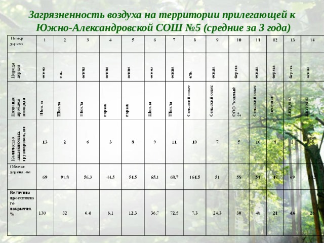 Загрязненность воздуха на территории прилегающей к  Южно-Александровской СОШ №5 (средние за 3 года) 
