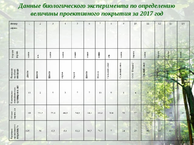 Данные биологического эксперимента по определению величины проективного покрытия за 2017 год   