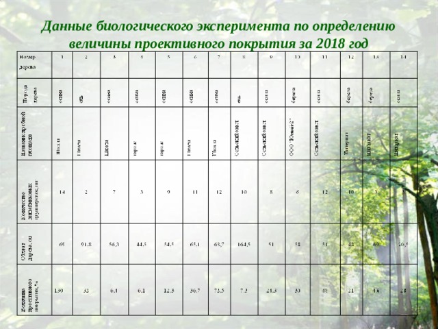 Данные биологического эксперимента по определению величины проективного покрытия за 2018 год   