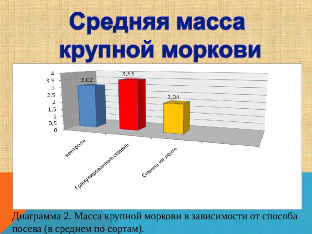 Диаграмма 2. Масса крупной моркови в зависимости от способа посева  (в среднем по сортам) . 