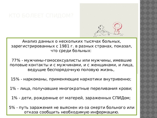 Кто болеет СПИДом?    Анализ данных о нескольких тысячах больных, зарегистрированных с 1981 г. в разных странах, показал, что среди больных: 77% - мужчины-гомосексуалисты или мужчины, имевшие половые контакты и с мужчинами, и с женщинами, и лица, ведущие беспорядочную половую жизнь, 15% - наркоманы, применяющие наркотики внутривенно; 1% - лица, получавшие многократные переливания крови; 1% - дети, рожденные от матерей, зараженных СПИДом; 5% - путь заражения не выяснен из-за смерти больного или отказа сообщить необходимую информацию. 