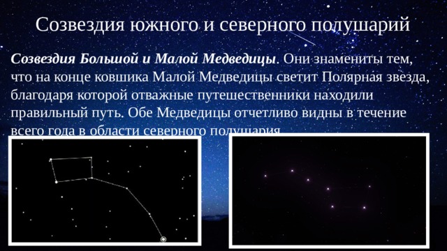 Созвездия южного и северного полушарий   Созвездия Большой и Малой Медведицы . Они знамениты тем, что на конце ковшика Малой Медведицы светит Полярная звезда, благодаря которой отважные путешественники находили правильный путь. Обе Медведицы отчетливо видны в течение всего года в области северного полушария. 