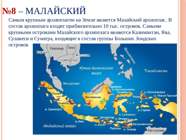 № 8 – Малайский Самым крупным архипелагом на Земле является Малайский архипелаг.. В состав архипелага входит приблизительно 10 тыс. островов. Самыми крупными островами Малайского архипелага являются Калимантан, Ява, Сулавеси и Суматра, входящие в состав группы Больших Зондских островов 