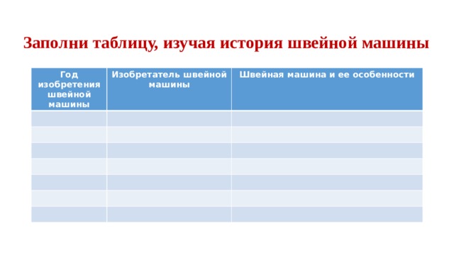  Заполни таблицу, изучая история швейной машины Год изобретения швейной машины Изобретатель швейной машины Швейная машина и ее особенности 