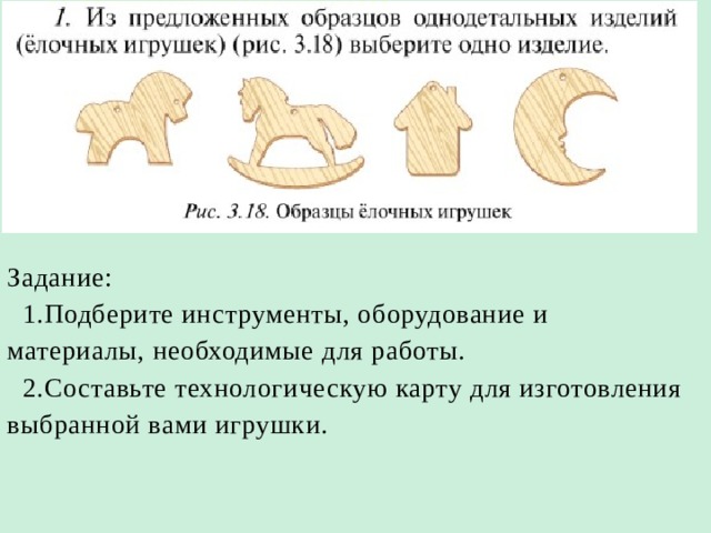 Задание:  1.Подберите инструменты, оборудование и материалы, необходимые для работы.   2.Составьте технологическую карту для изготовления выбранной вами игрушки.   