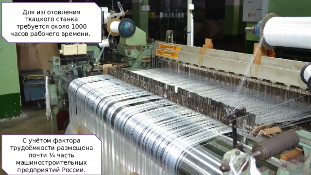 Для изготовления ткацкого станка требуется около 1000 часов рабочего времени. С учётом фактора трудоёмкости размещена почти ¼ часть машиностроительных предприятий России.  