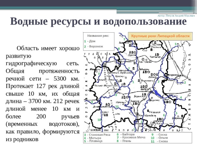 Водные ресурсы и водопользование Автор: Петров Андрей Юрьевич Область имеет хорошо развитую гидрографическую сеть. Общая протяженность речной сети – 5300 км. Протекает 127 рек длиной свыше 10 км, их общая длина – 3700 км. 212 речек длиной менее 10 км и более 200 ручьев (временных водотоков), как правило, формируются из родников 