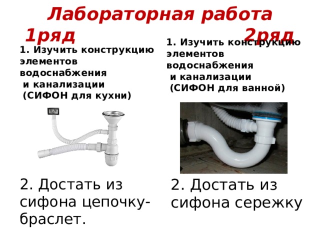 Лабораторная работа  1ряд 2ряд 1. Изучить конструкцию элементов водоснабжения  и канализации  (СИФОН для ванной) 1. Изучить конструкцию элементов водоснабжения  и канализации  (СИФОН для кухни)  2. Достать из сифона цепочку-браслет. 2. Достать из сифона сережку 