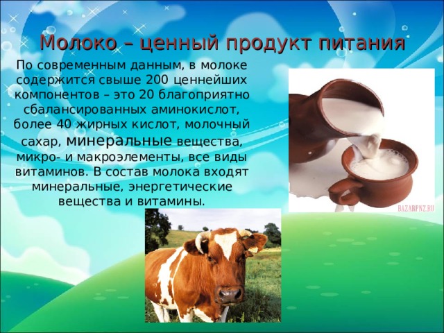 Молоко – ценный продукт питания По современным данным, в молоке содержится свыше 200 ценнейших компонентов – это 20 благоприятно сбалансированных аминокислот, более 40 жирных кислот, молочный сахар, минеральные вещества, микро- и макроэлементы, все виды витаминов. В состав молока входят минеральные, энергетические вещества и витамины. 