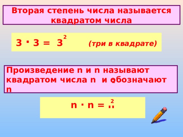 Вторая степень числа называется квадратом числа 3 · 3 = 3 (три в квадрате) 2 Произведение n и n называют квадратом числа n и обозначают n 2 n · n = n 2 