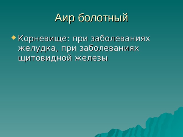 Аир болотный Корневище: при заболеваниях желудка, при заболеваниях щитовидной железы 