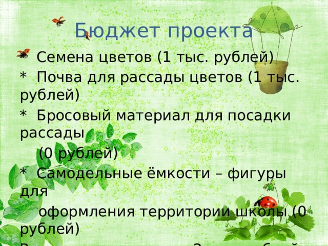 Бюджет проекта * Семена цветов (1 тыс. рублей) * Почва для рассады цветов (1 тыс. рублей) * Бросовый материал для посадки рассады  (0 рублей) * Самодельные ёмкости – фигуры для  оформления территории школы (0 рублей) Всего израсходовано: 2 тыс. рублей. 