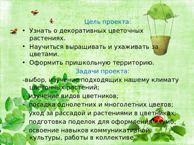  Цель проекта: Узнать о декоративных цветочных растениях. Научиться выращивать и ухаживать за цветами. Оформить пришкольную территорию. Задачи проекта: -выбор, изучение подходящих нашему климату цветочных растений; - изучение видов цветников; - посадка однолетних и многолетних цветов; - уход за рассадой и растениями в цветниках; - подготовка поделок для оформления клумб; - освоение навыков коммуникативной культуры, работы в коллективе. 