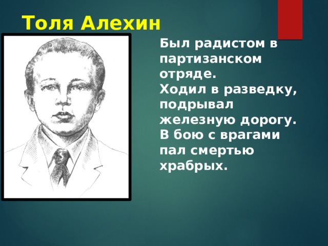 Толя Алехин Был радистом в партизанском отряде. Ходил в разведку, подрывал железную дорогу. В бою с врагами пал смертью храбрых. 