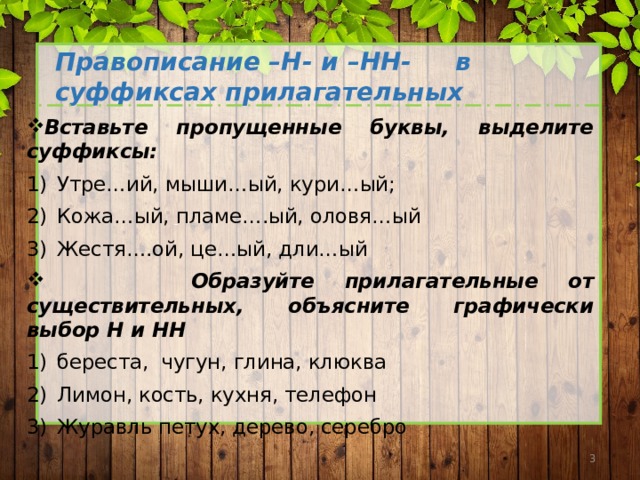 Правописание –Н- и –НН- в суффиксах прилагательных Вставьте пропущенные буквы, выделите суффиксы: Утре…ий, мыши…ый, кури…ый; Кожа…ый, пламе….ый, оловя…ый Жестя….ой, це…ый, дли…ый  Образуйте прилагательные от существительных, объясните графически выбор Н и НН береста, чугун, глина, клюква Лимон, кость, кухня, телефон Журавль петух, дерево, серебро