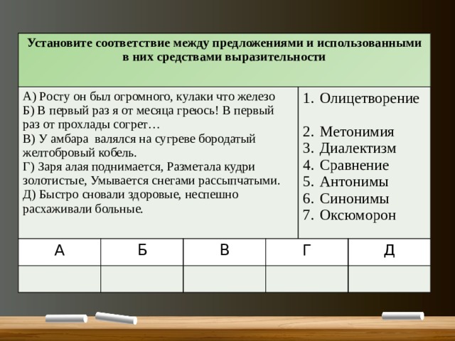 Установите соответствие между предложениями и использованными в них средствами выразительности А) Росту он был огромного, кулаки что железо Б) В первый раз я от месяца греюсь! В первый раз от прохлады согрет… А В) У амбара валялся на сугреве бородатый желтобровый кобель. Б Г) Заря алая поднимается, Разметала кудри золотистые, Умывается снегами рассыпчатыми. В Д) Быстро сновали здоровые, неспешно расхаживали больные. Олицетворение Метонимия Диалектизм Сравнение Антонимы Синонимы Оксюморон Г Д